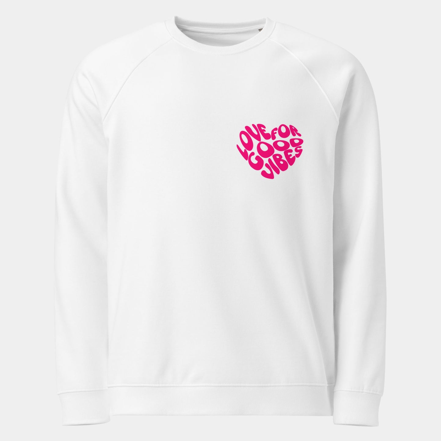 Weißer Pullover mit pinkem Herz-Print 'LOVE FOR GOOD VIBES' für positive Ausstrahlung und gemütliche Tage.