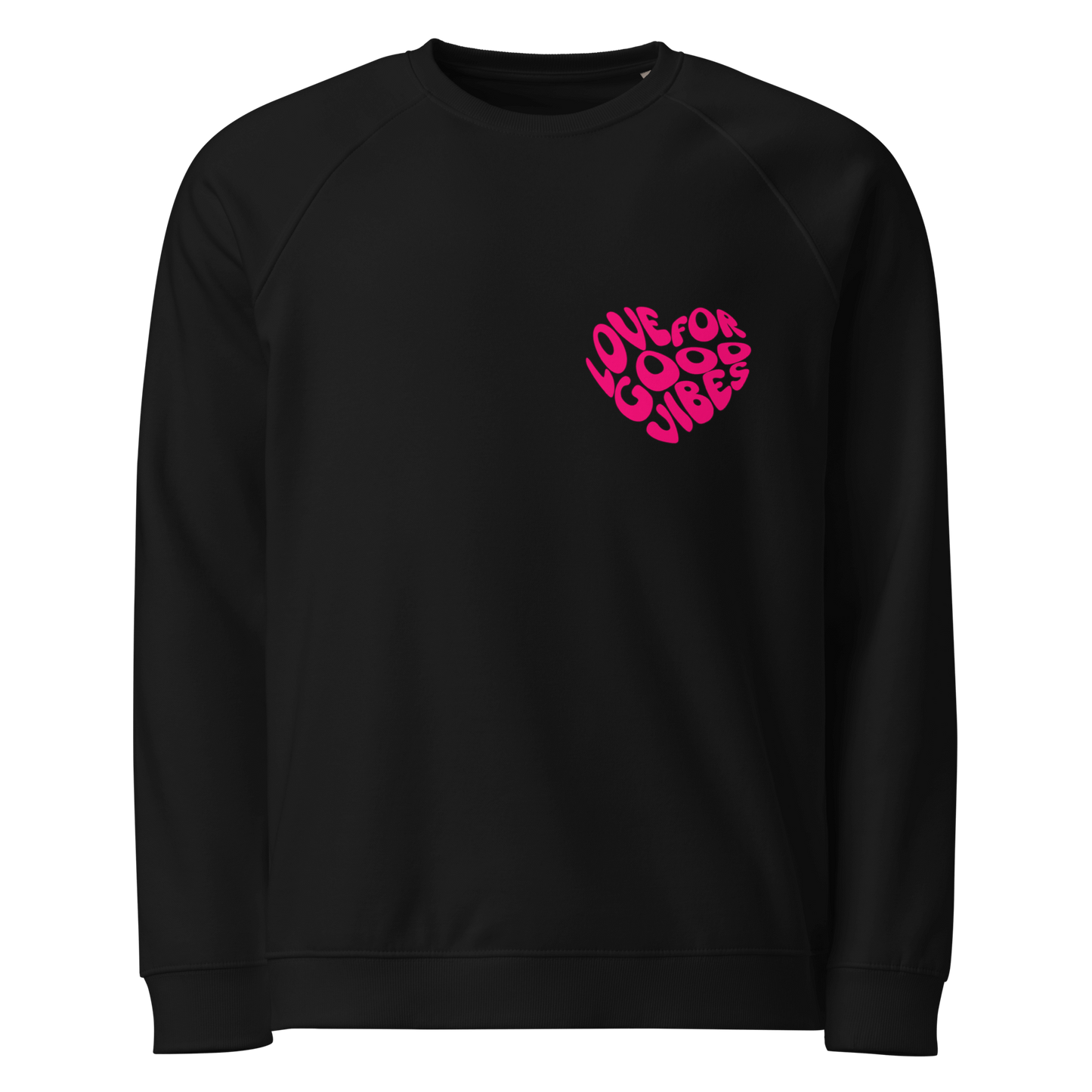 Schwarzer Pullover mit pinkem Herz-Print 'LOVE FOR GOOD VIBES' für positive Ausstrahlung und gemütliche Tage.