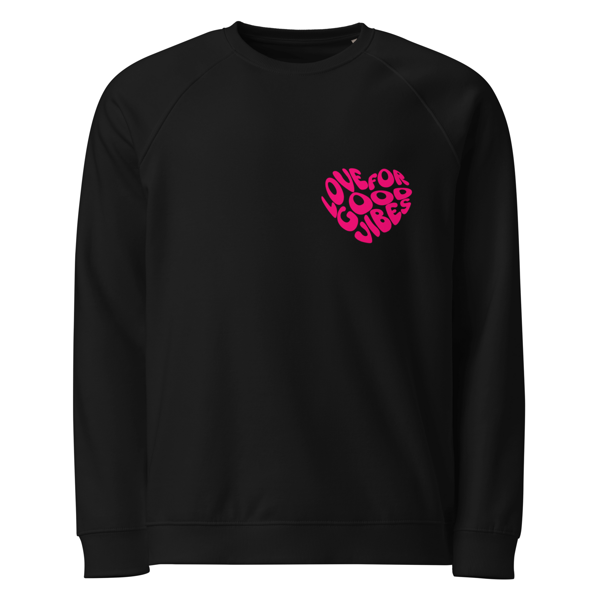 Schwarzer Pullover mit pinkem Herz-Print 'LOVE FOR GOOD VIBES' für positive Ausstrahlung und gemütliche Tage.