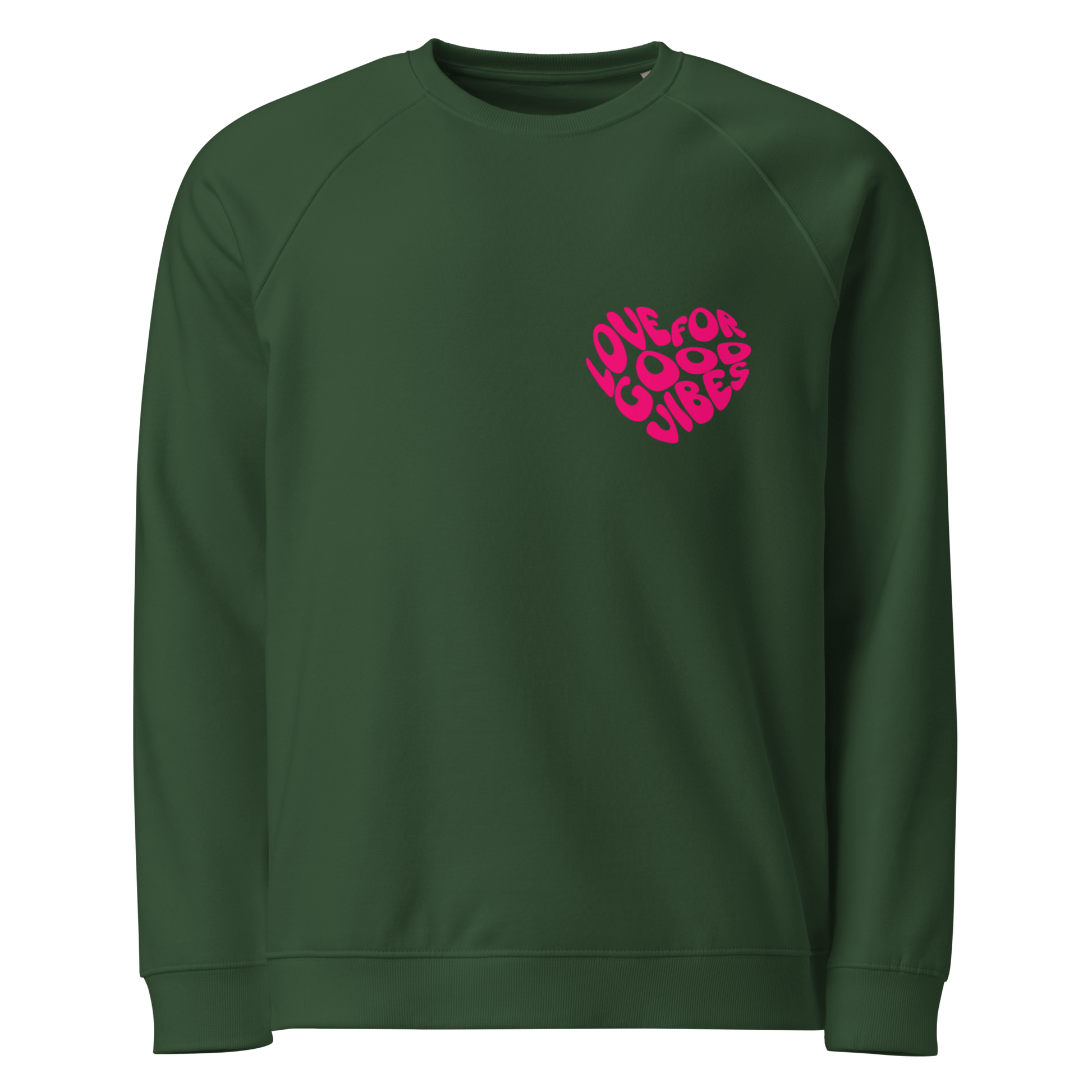 Bio-Sweatshirt "LOVE FOR GOOD VIBES" in grün mit pinkem Herz-Print für positive Energie und Komfort.